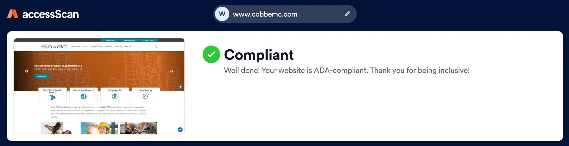 accessibe access scan results for cobbemc.com showing compliance